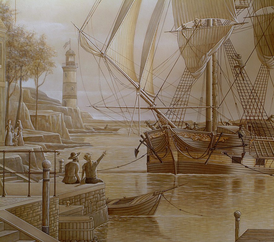 Een detail van het net aangemeerde schip tall ship