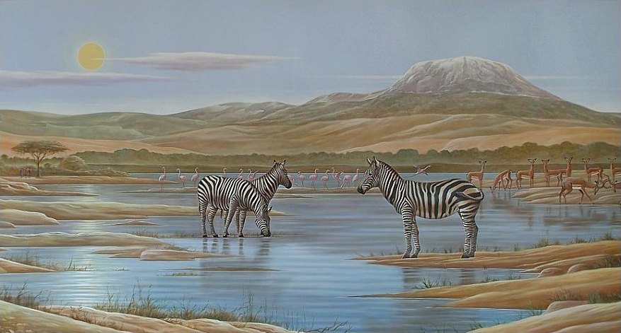 Het middendeel van de muurschildering met de Kilimanjaro, een drinkplaats, zebra's en flamingo's Kilimanjaro
