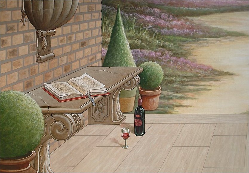 Zoals uit dit detail blijkt werd deze trompe-l'oeil muurschildering minder realistisch maar decoratiever en ook grafischer benaderd... wandschildering