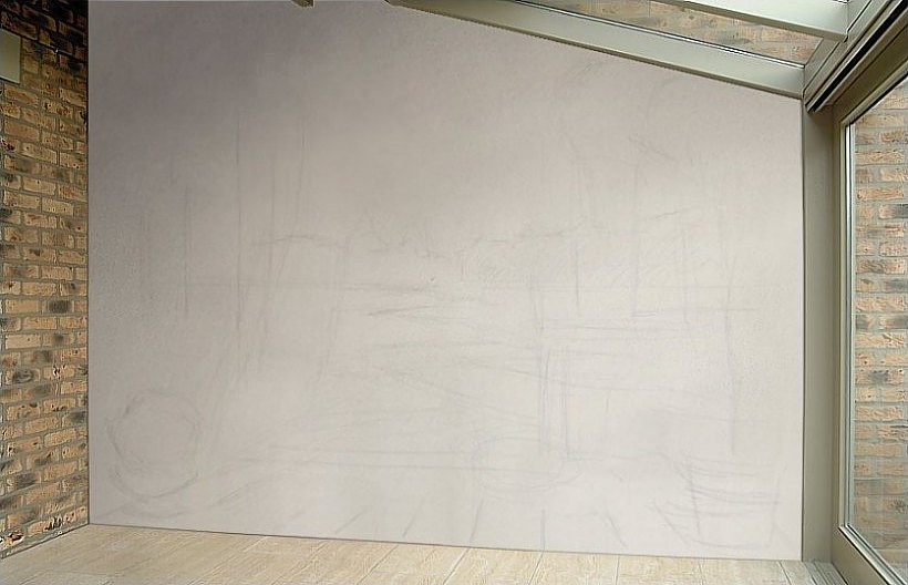 De nog onbeschilderde muur met de basistekening voor de diepte-illusie schets voor een wandschildering
