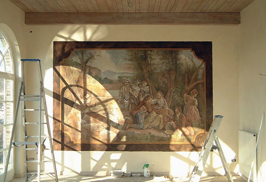 De onderschildering voor het trompe-l'oeil tapijt De beginfase