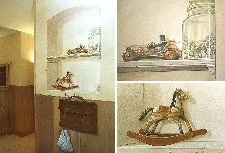 Diverse details uit de trompe-l'oeil dienstgang gezichtsbedrog